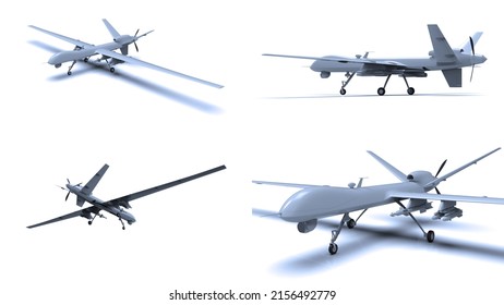 Air Force General Atomics Drone On White Background, Army Aircraft For Intelligence And Attack, Military Combat Drone Predator with Weapons, Military Surveillance, 3d Illustration