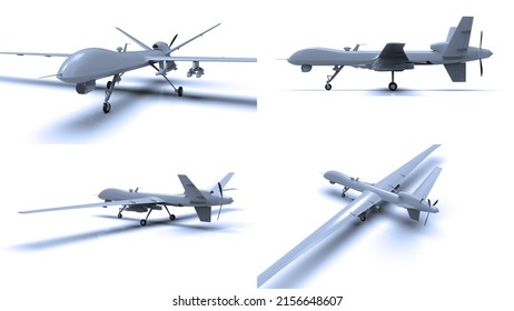 Air Force General Atomics Drone On White Background, Army Aircraft For Intelligence And Attack, Military Combat Drone Predator with Weapons, Military Surveillance, 3d Illustration