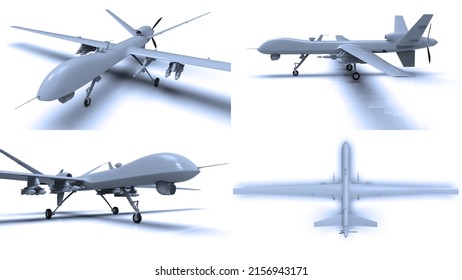 Air Force General Atomics Drone On White Background, Army Aircraft For Intelligence And Attack, Military Combat Drone Predator with Weapons, Military Surveillance, 3d Illustration