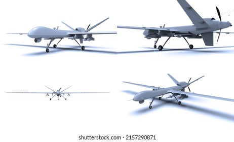 Air Force General Atomics Drone On White Background, Army Aircraft For Intelligence And Attack, Military Combat Drone Predator with Weapons, Military Surveillance, 3d Illustration