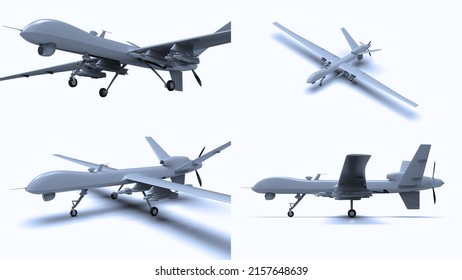 Air Force General Atomics Drone On White Background, Army Aircraft For Intelligence And Attack, Military Combat Drone Predator with Weapons, Military Surveillance, 3d Illustration