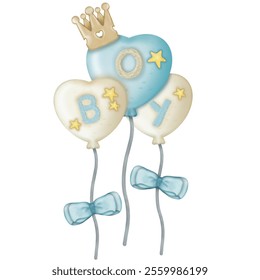 Air Balloons with clouds and balloon shape heart . Hand drawn Illustration in  blue and pink Pastel colors, mean boy and girl for decorative baby on white background.
