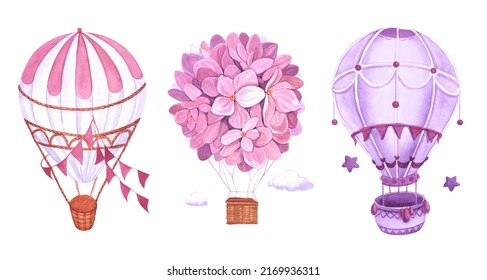 Air balloons pink flowers Watercolor set and hot air balloons   garland  Hand painted sky illustration and aerostate  Design for logo  baby textile  print  nursery decor  children decoration room 