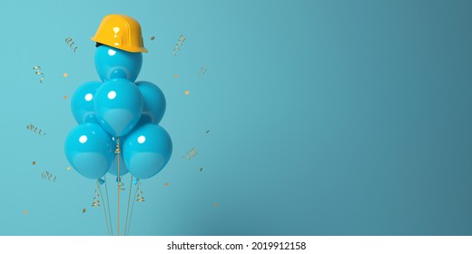 Air Balloons With A Protective Helmet On A Blue Background.
3D Render Template For The Builder's Day, Labor Day, The Building Company Anniversary Or A New Project Start Banner.