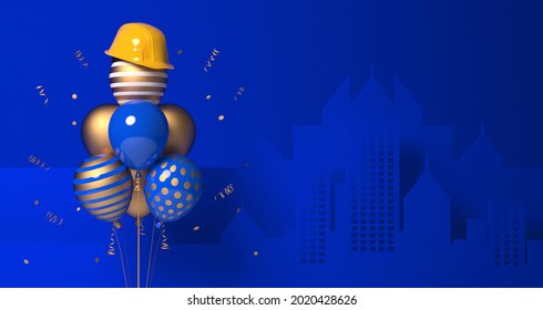 Air balloons with a protective helmet on a blue background. 3D render template for the Builder's Day, Labor Day, the building company anniversary or a new project start banner. - Powered by Shutterstock