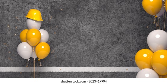 Air balloons and protective helmet on a grey asphalt background. 3D render template for the Builder's Day, Labor Day greeting card; the road building company anniversary or a new project start banner. - Powered by Shutterstock