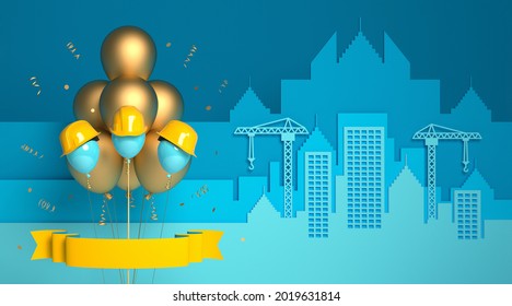 Air Balloons With Protective Helmets  On A Blue Urban Silhouette Background.
A Greeting Card Or Banner Template For The Builder's Day, Labor Day Or The Real Estate Company Anniversary. 3D Render.