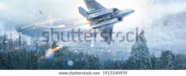Air battle of two fantastic aircraft in the\
sky in the in winter mountain landscape. Digital paint, raster\
illustration.