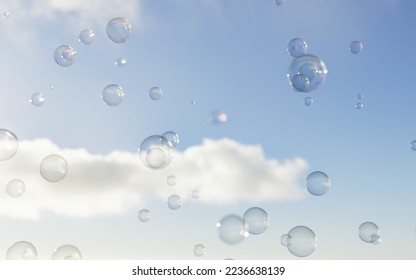 Air bubbles in sky. Soap bubbles background. 3D rendering.