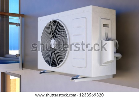 Air compressor installation on wall, 3D illustration