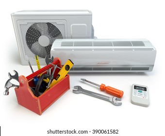 Air conditioner with toolbox and tools. Repair of air-conditioner concept. 3d