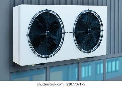 Air Conditioning In Industrial Building. Cooling System Inside Factory. Air Conditioning Unit On Wall Hangar. Temperature Control System In Production. Concept Industrial Air Conditioners. 3d Image