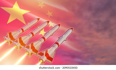 Air Defense Of China. Complex Of Air Defense Missiles. Missiles On Chinese Flag Background. Ballistic Missiles Of PRC. Military Confrontation In The World. Defense Against Attacks From Sky. 3d Image