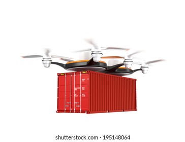 Air Drone Carrying A Cargo Container On White Background