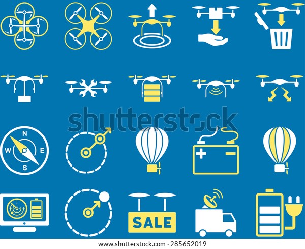 Air drone and quadcopter tool icons. Icon set\
style: flat glyph bicolor images, yellow and white symbols,\
isolated on a blue\
background.