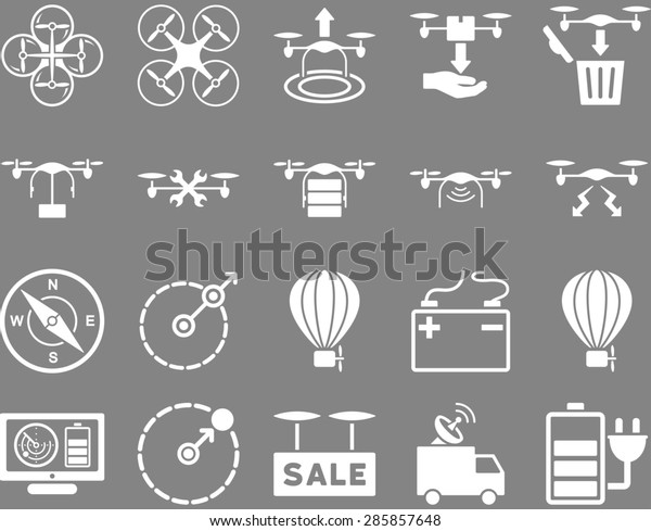 Air drone\
and quadcopter tool icons. Icon set style: flat glyph images, white\
symbols, isolated on a gray\
background.