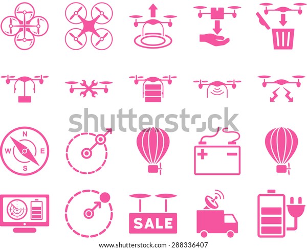 Air drone\
and quadcopter tool icons. Icon set style: flat glyph images, pink\
symbols, isolated on a white\
background.