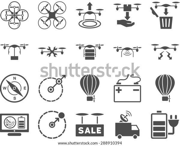 Air drone\
and quadcopter tool icons. Icon set style: flat glyph images, gray\
symbols, isolated on a white\
background.