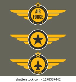 Air Force Badge Set. Airforce Logo With Wings And Star. Army And Military Emblem. 