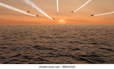 Air Force Fighter Jets Flying Into The Sunset With Vapor Trails Computer Graphics Created In Modeling Software.