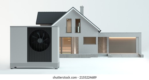 Air Heat Pump Beside House, White Background 3D Illustration