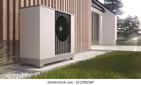 Air Heat Pump Beside House, 3D Illustration