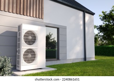 Bomba de calor de aire al lado de la casa, ilustración 3D