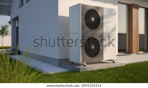 Air heat pump\
beside house, 3D\
illustration