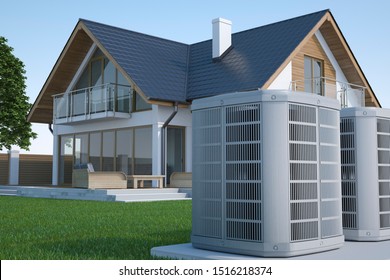 Air heat pump and house, 3d illustration 