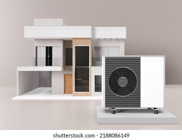 Air Heat Pump And House On Beige Background. Modern, Environmentally Friendly Heating. Save Your Money With Air Source Heat Pump. Efficient And Renewable Source Of Energy. 3d Rendering