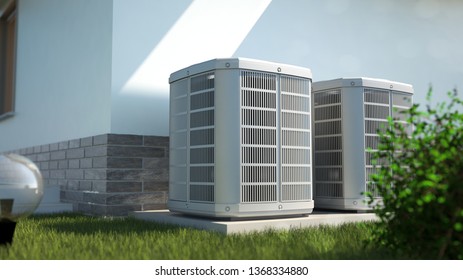 Air heat pumps beside house, 3D illustration