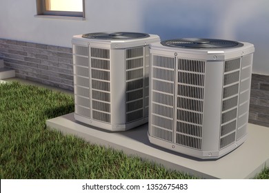 Air Heat Pumps And House, 3D Illustration