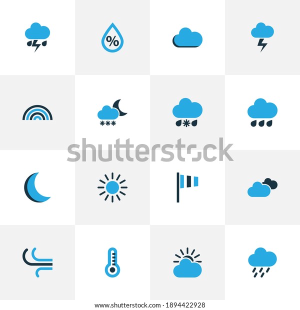 Air icons colored set with moon, snowfall, drizzle\
and other thunderstorm elements. Isolated illustration air\
icons.