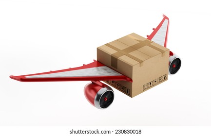 Air mail concept with cardboard having wings and jet engines.