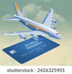 An air miles reward credit card is seen isolated on a sky background with an airliner in a 3-d illustration about frequent flyer rewards.