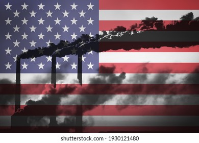 Air Pollution By Harmful Emissions In USA. Pipes With Black Smoke On The Background Of The Flag