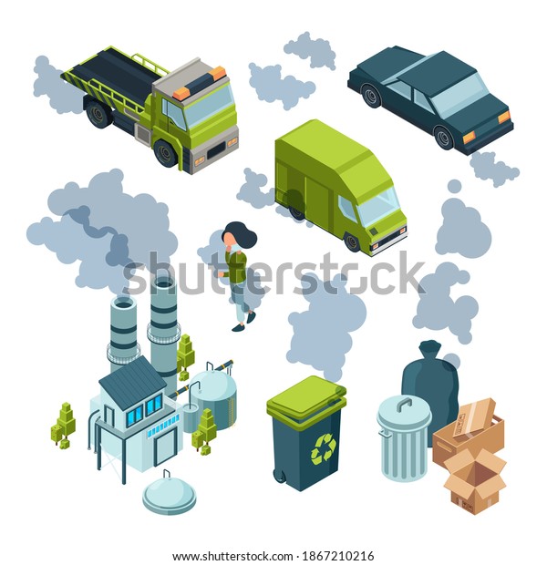 Air pollution isometric. Factory\
bad environment chemical garbage urban vehicle trash\
isometric