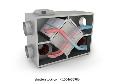 Luftrekuperator mit Pfeilen. Filtrations- und Lüftungssystem, 3D-Illustration