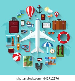 Air Travel, Planning A Summer Vacation, Tourism, Journey In Holidays Flat Icons Set. Airplane, Travel Objects And Passenger Luggage. Bitmap Copy