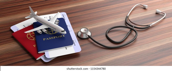 Air travelling for health concept. Blue and red passports and medical stethoscope isolated on wooden background, banner. 3d illustration