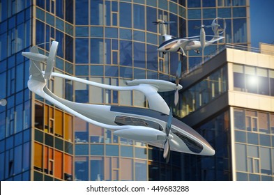 Air Vehicle Flying In The Urban Landscape, Flying Car Of The Future, Futuristic Vehicle In The City, Air Car Concept - 3D Rendering