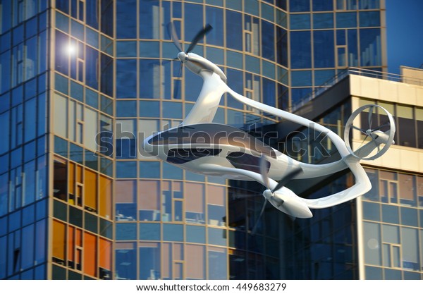 Air Vehicle Flying In The Urban Landscape,\
Flying Car Of The Future, Futuristic Vehicle In The City, Air Car\
Concept - 3D\
Rendering