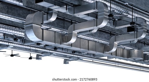Air ventilation pipes system hanging from the ceiling inside commercial building. Ceiling mounted air condition units, hanging fans,vents, steel tubes, other industrial construction equipment parts 3D