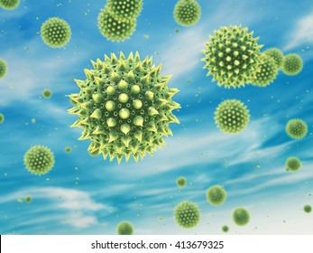 Airborne pollen grains , Hay fever , Allergy , 3d illustration