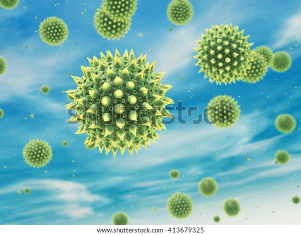 Airborne pollen grains , Hay fever , Allergy\
, 3d\
illustration