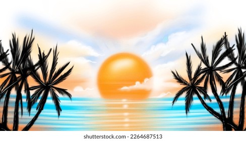 
airbrush vintage tropical palm paradise beach island scene with orange yellow sky on sunrise, you can add text for your header or footer design or background poster