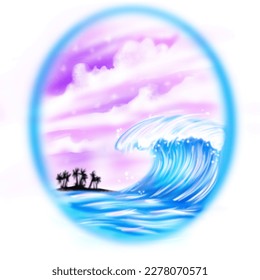 airbrush vintage tropical palm paradise beach island scene with purplish sky on sunset and big wave for surfing, you can add text for your header or footer design or background poster