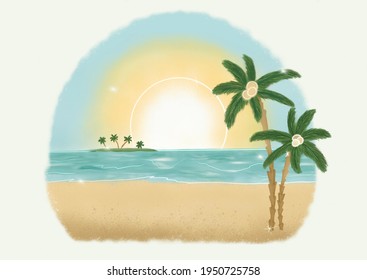 Airbrushed Tropical Beach, Palm Trees