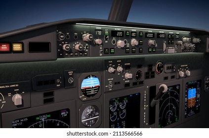 Aircraft close up cockpit view with cockpit lighting 3d render