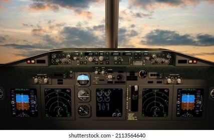 Aircraft cockpit view lwith cockpit lighting 3d render